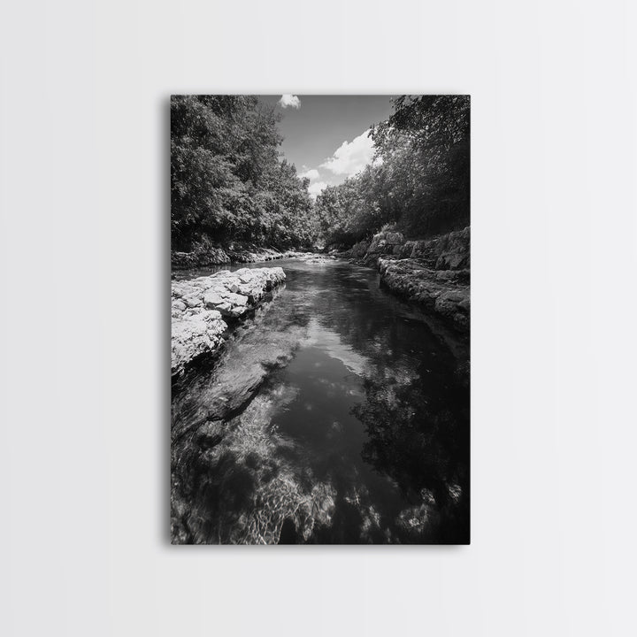 River Reflection, Nature Calm, Forest Stream, Canvas Print, Black and White Landscape Wall Art, Rustic Bathroom Decor, Tranquil Home Vibe