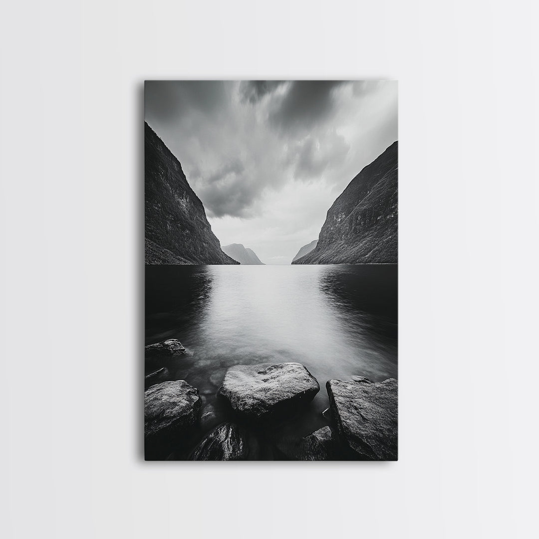 Mountain Lake, Nordic Fjord, Moody Water, Framed Canvas Print, Minimalist Wall Art, Serene Living Room Decor, Monochrome Nature Scene