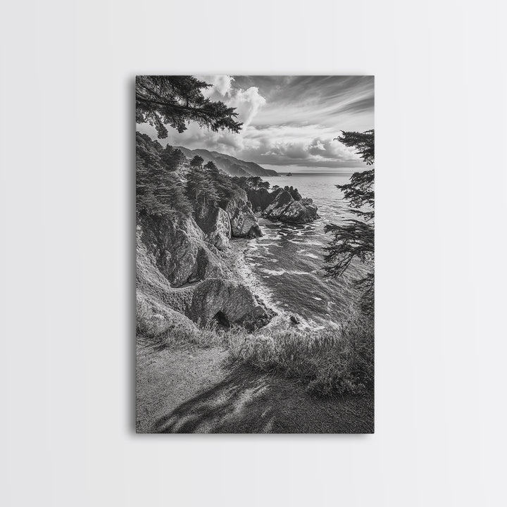 Coastal Cliff, Ocean View, Rocky Shoreline, Framed Canvas Print, Black and White Art, Coastal Living Wall Decor, Nature Landscape Art