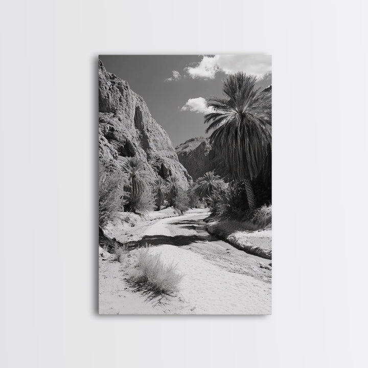 Desert Oasis, Palm Trees, Canyon Trail, Framed Canvas Print, Nature Photography Art, Warm Boho Wall Decor, Rustic Entryway Accent