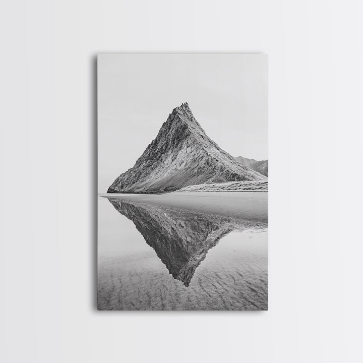 Mountain Mirror, Coastal Peak, Serene Beach, Canvas Print, Minimalist Landscape Art, Modern Living Room Wall Decor, Monochrome Nature Style