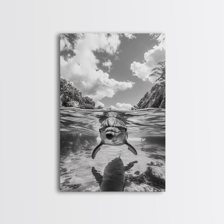 Dolphin Play, Ocean Joy, Underwater View, Canvas Print, Nautical Wall Art, Coastal Bathroom Decor, Playful Beach House Style