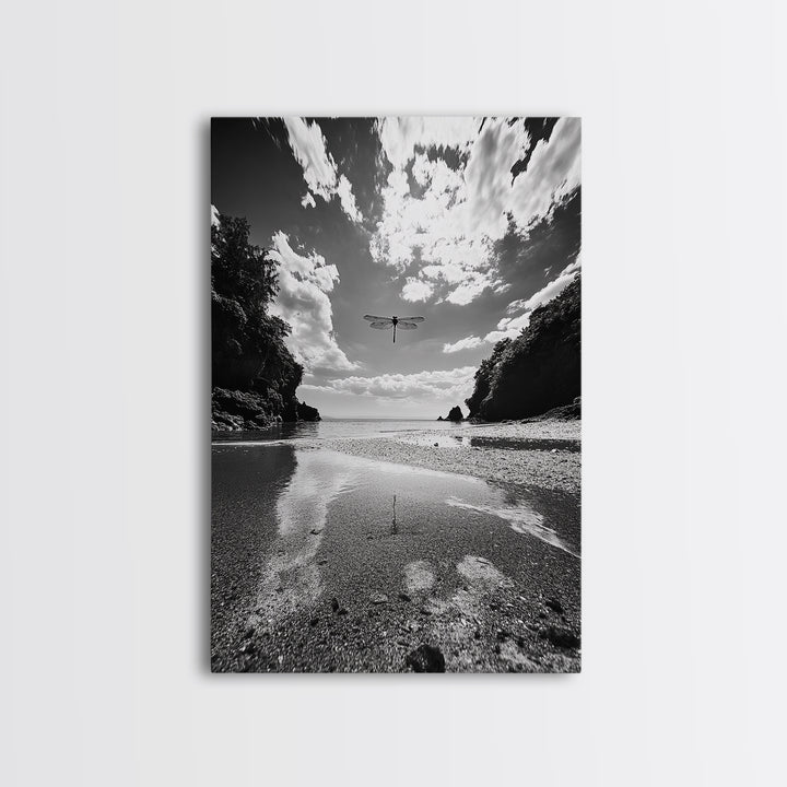 Dragonfly Flight, Beach View, Nature Dream, Framed Canvas Print, Whimsical Wall Art, Surreal Living Room Decor, Black and White Nature Style