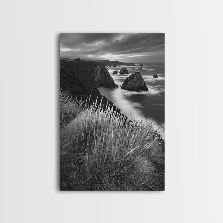 Coastal Cliffs, Ocean Rocks, Tall Grass, Canvas Print, Windswept Landscape Art, Beach House Wall Decor, Monochrome Nature Scene