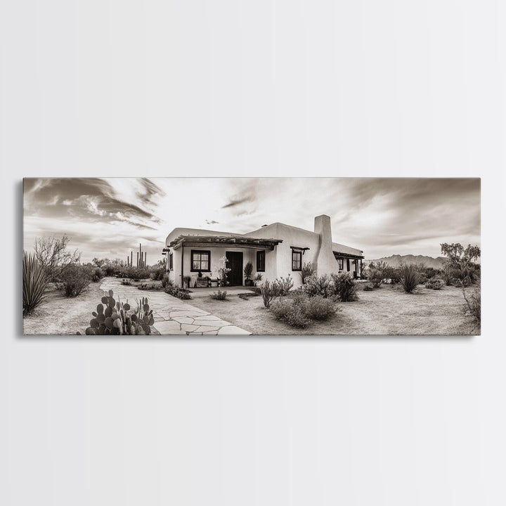 Desert Home, Adobe House, Rustic Pathway, Cactus Garden, Framed Canvas Print, Southwestern Decor, Living Room Wall Art, Western Aesthetic