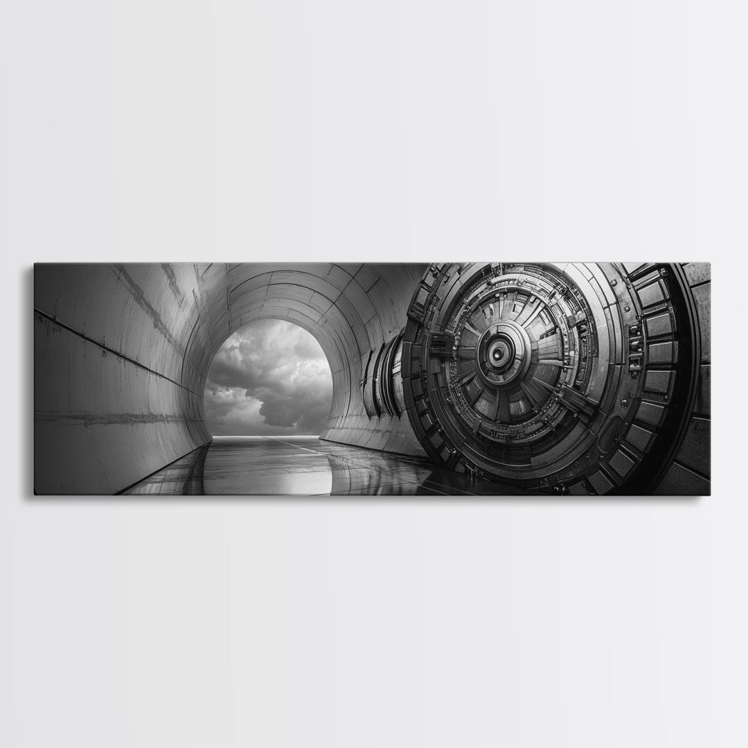Vault Door, Sci-Fi Tunnel, Futuristic Entrance, Secure Chamber, Framed Canvas Print, Office Decor, Industrial Wall Art, Modern Cyberpunk Style