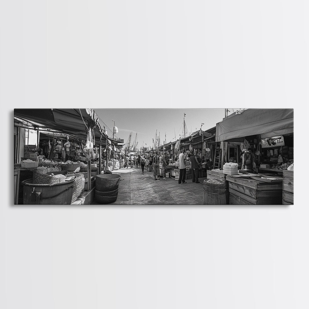 Mediterranean Market Scene, Travel Wall Decor, Rustic Street View, Framed Canvas Print, Kitchen Wall Art, Black and White Photography