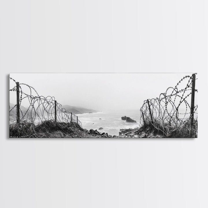 Barbed Coast, Foggy Beach, War Fence, Ocean Boundary, Framed Canvas Print, Industrial Wall Art, Living Room Decor, Black and White Art