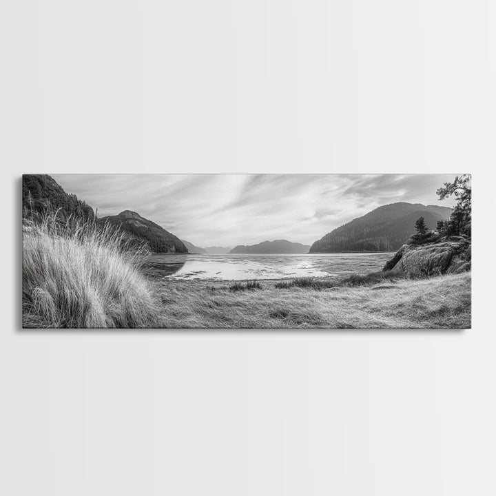 Mountain Lake Calm, Tranquil Nature Reflection, Forest Valley Art, Framed Canvas Print, Minimalist Wall Decor, Serene Landscape Print