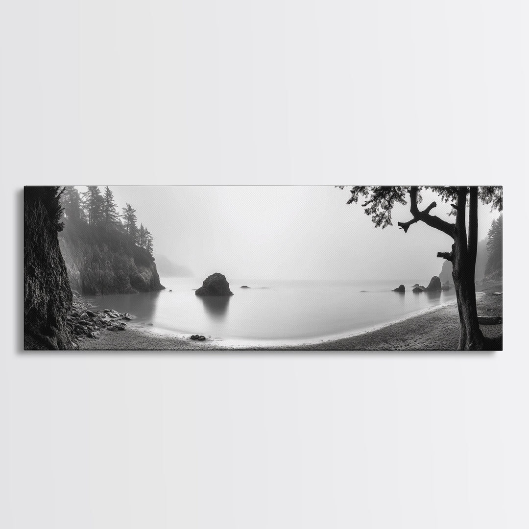 Misty Cove, Pacific Coast, Tranquil Shore, Canvas Print, Zen Nature Wall Art, Bathroom Decor, Moody Black and White Art