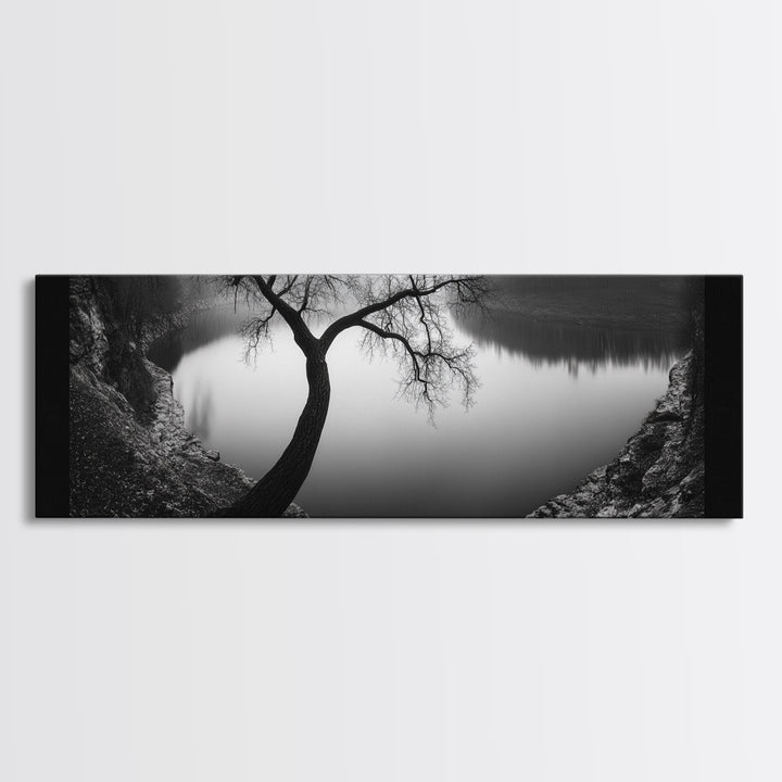 Curved Tree, Still Lake, Moody Landscape, Framed Canvas Print, Modern Nature Photography, Fall Home Decor, Living Room Art