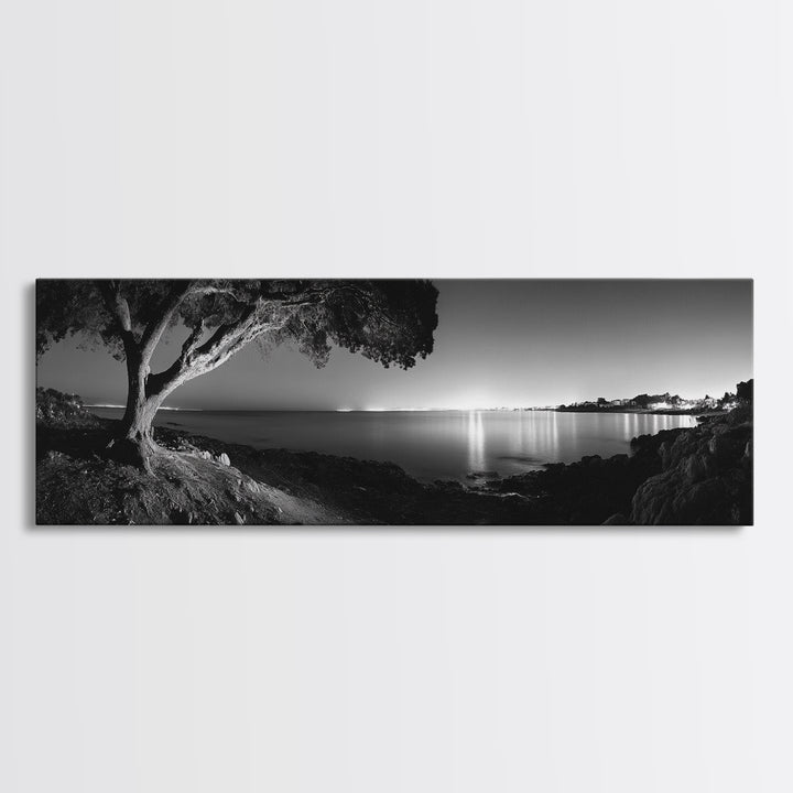 Coastal Night, Tree Silhouette, City Horizon, Framed Canvas Print, Moody Landscape Art, Modern Living Room Wall Decor