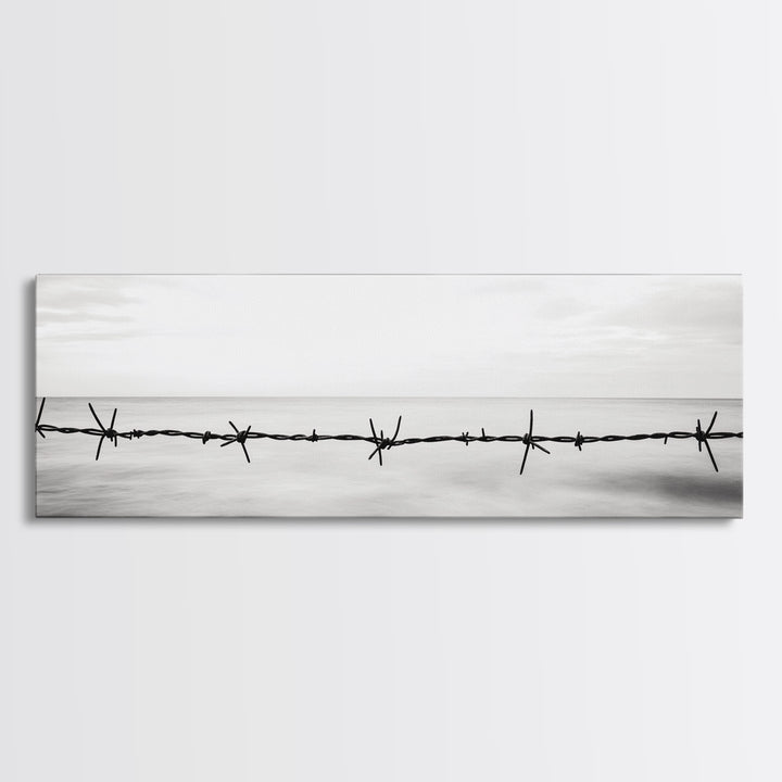 Barbed Wire, Ocean Horizon, Minimal Seascape, Stark Contrast, Framed Canvas Print, Modern Office Art, Minimalist Style, Black and White Art
