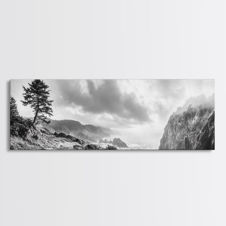 Ocean Cliff, Pine Trees, Foggy Coast, Canvas Print, Dramatic Nature Wall Art, Rustic Cabin Decor, Black and White Landscape