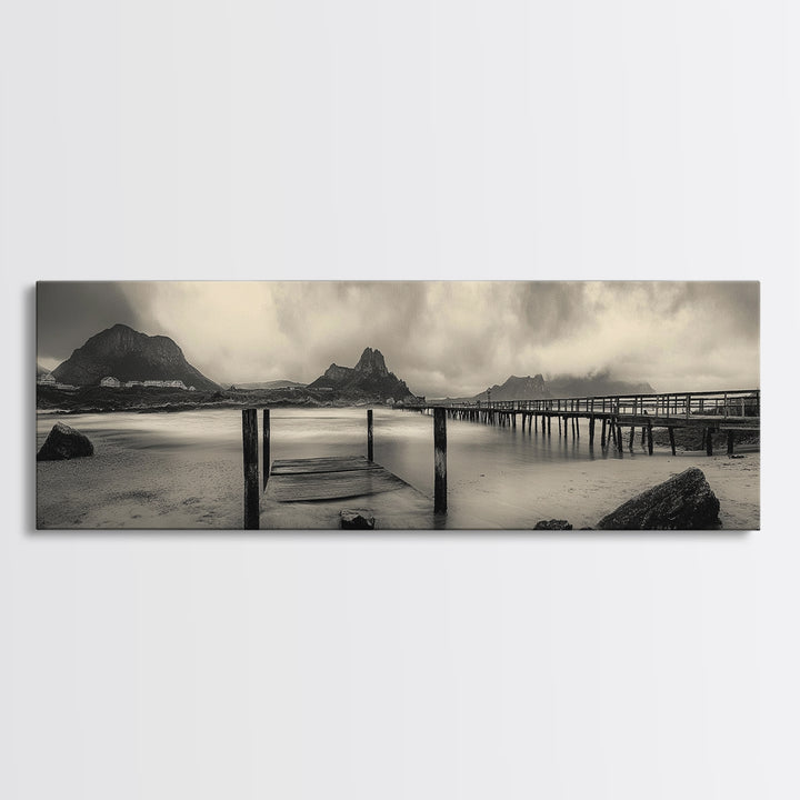 Dockside Calm, Stormy Shore, Ocean Jetty, Framed Canvas Print, Moody Coastal Wall Art, Living Room Art, Rustic Lakehouse Decor