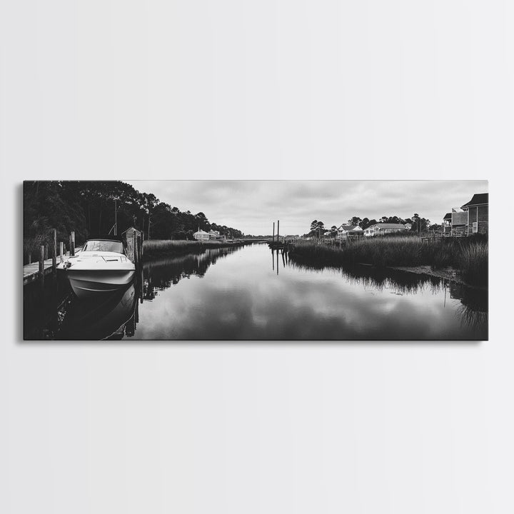 Boat Dock, Quiet Bay, Marina Reflections, Framed Canvas Print, Nautical Wall Art, Lakehouse Decor, Minimalist Coastal Vibes, Black White Art