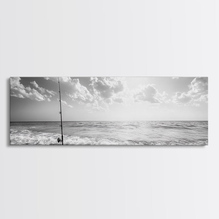 Beach Fishing, Ocean Waves, Rod and Reel, Framed Canvas Print, Coastal Living Wall Art, Minimalist Nautical Decor, Beach House Aesthetic