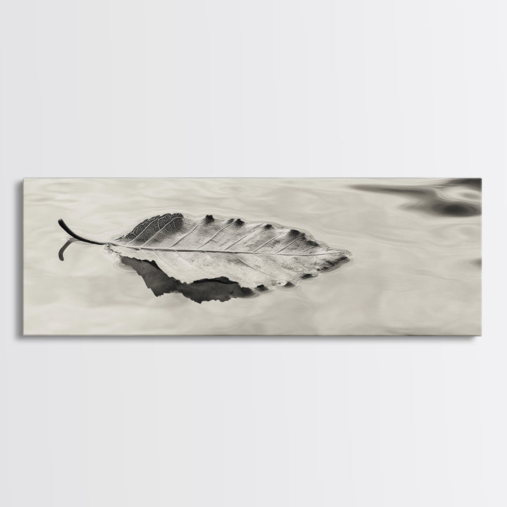 Autumn Leaf, Water Reflection, Nature Minimalism, Floating Stillness, Framed Canvas Print, Fall Wall Art, Neutral Tones, Bathroom Decor
