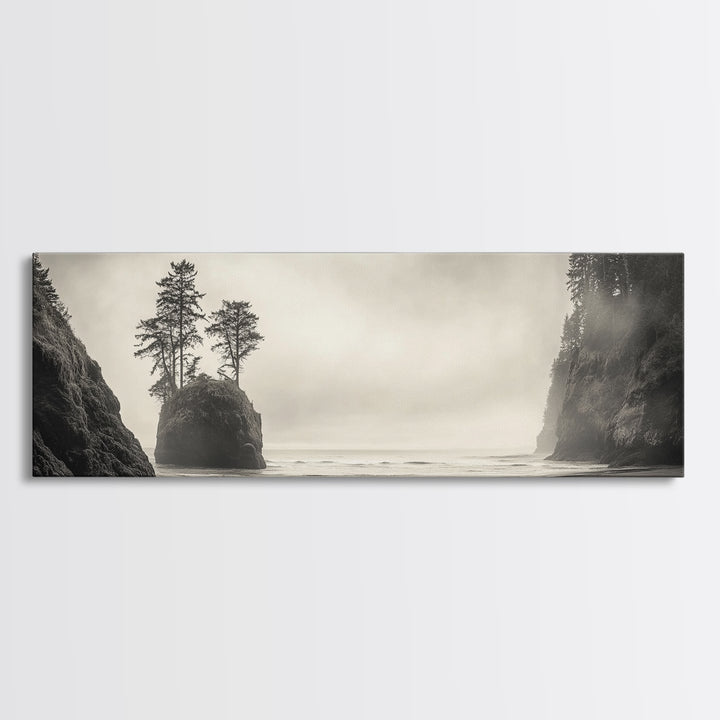 Foggy Beach, Coastal Pines, Ocean Cliffside, Nature Escape, Framed Canvas Print, Moody Wall Art, Living Room Decor, Pacific Northwest Style