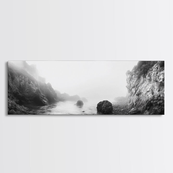 Rocky Cove, Coastal Mist, Foggy Morning, Cliffside Ocean, Canvas Print, Monochrome Wall Art, Bathroom Art, Minimalist Photography