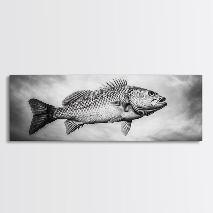 Floating Fish, Surreal Ocean, Realistic Scales, Sky Scene, Framed Canvas Print, Nautical Wall Art, Coastal Decor, Fishing Cabin Aesthetic