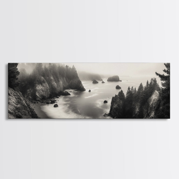 Ocean Rocks, Foggy Horizon, Coastal Cliffs, Dreamy Seascape, Canvas Print, Moody Nature Art, Living Room Wall Art, Coastal Minimalism