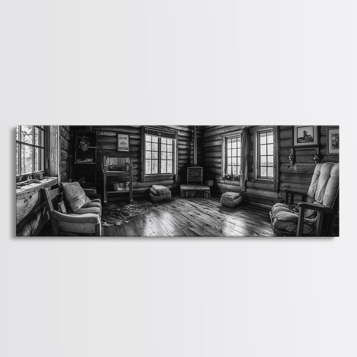 Rustic Cabin, Cozy Interior, Nature Retreat, Framed Canvas Print, Living Room Wall Art, Black and White Photography, Lodge Decor