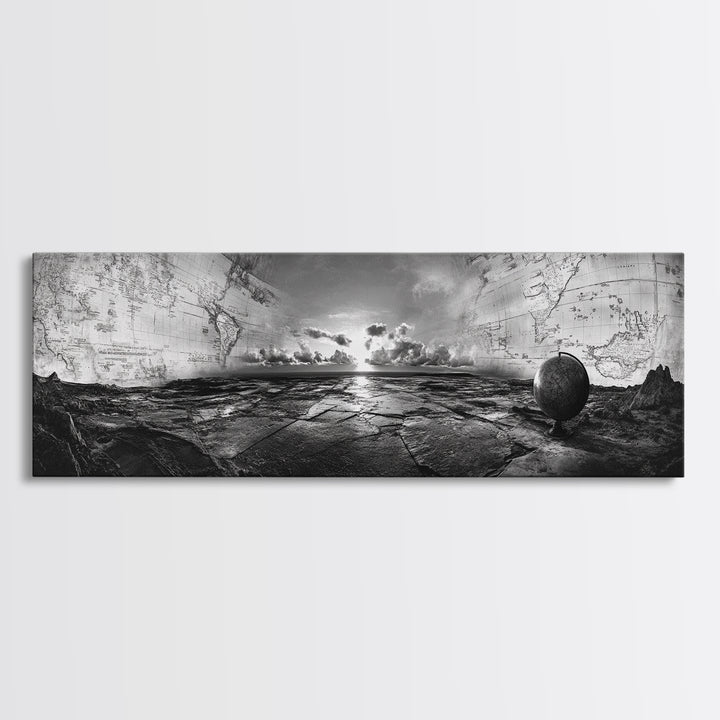 World Map, Globe Horizon, Explorer’s Dream, Canvas Print, Travel Wall Art, Surreal Photography, Study Room Adventure Decor