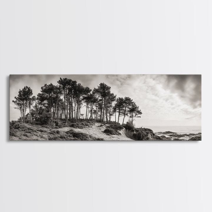 Coastal Pines, Ocean View, Windswept Trees, Framed Canvas Print, Minimalist Landscape Art, Neutral Tones, Entryway Wall Decor