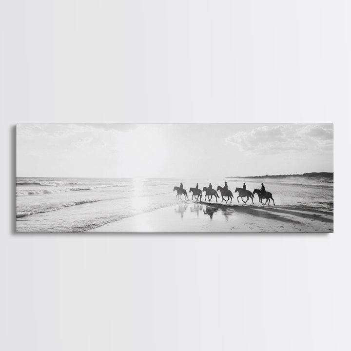 Beach Riders, Horseback Freedom, Seaside Journey, Canvas Print, Monochrome Wall Art, Coastal Living Room Decor, Nature Photography