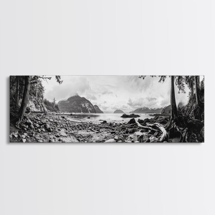 Rocky Shore, Ocean Vista, Misty Wilderness, Framed Canvas Print, Nature Wall Art, Monochrome Landscape, Cabin or Office Decor