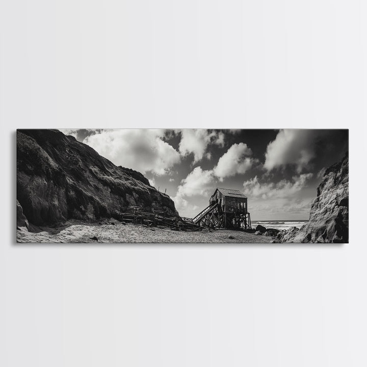 Cliff House, Ocean Cabin, Windy Coast, Framed Canvas Print, Moody Landscape Art, Rustic Wall Decor, Autumn Entryway Art