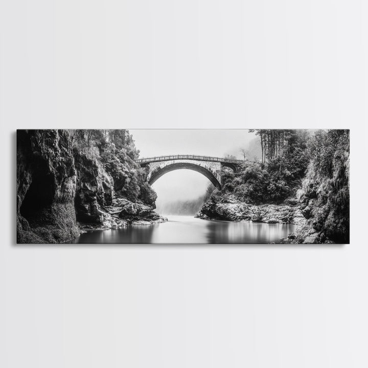Stone Bridge, Forest River, Morning Mist, Canvas Print, Black and White Landscape, Nature Wall Art, Rustic Bathroom Art, Den Decor