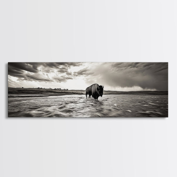 Bison River, Prairie Storm, American West, Framed Canvas Print, Rustic Nature Art, Fall Living Room Decor, Wildlife Photography