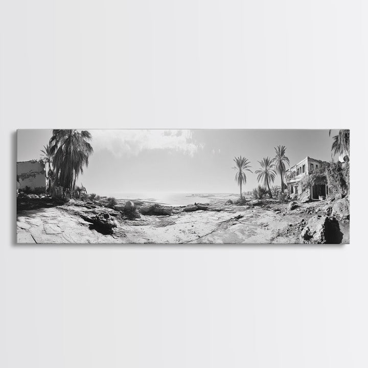 Desert Coast, Palm Ruins, Forgotten Beach, Framed Canvas Print, Surreal Photography, Boho Living Room Art, Coastal Wall Decor