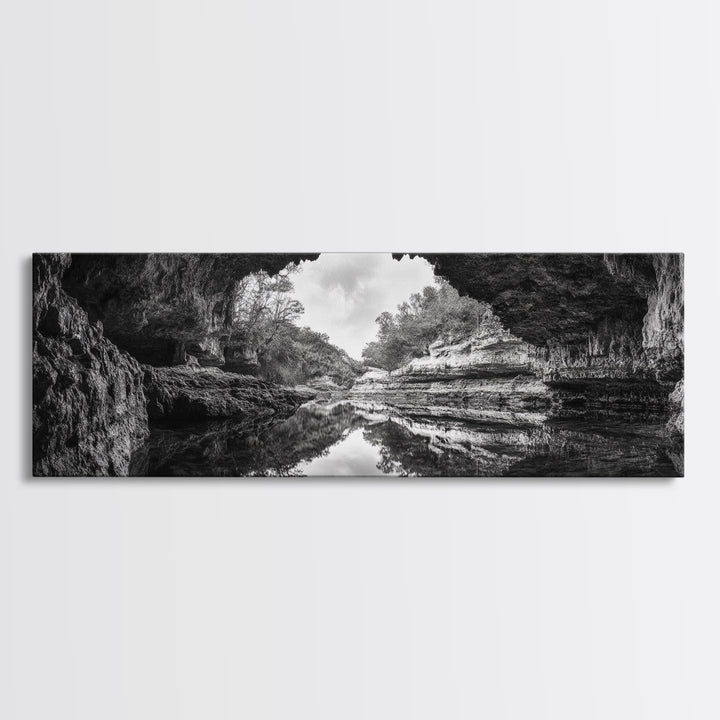 Cave Opening, Reflected Water, Nature Frame, Canvas Print, Monochrome Landscape, Natural Wall Art, Earthy Bathroom Art, Den Decor
