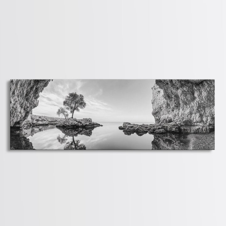 Coastal Cave, Reflection Landscape, Nature Calm, Framed Canvas Print, minimalist ocean wall decor, tranquil tree photography, zen entryway art