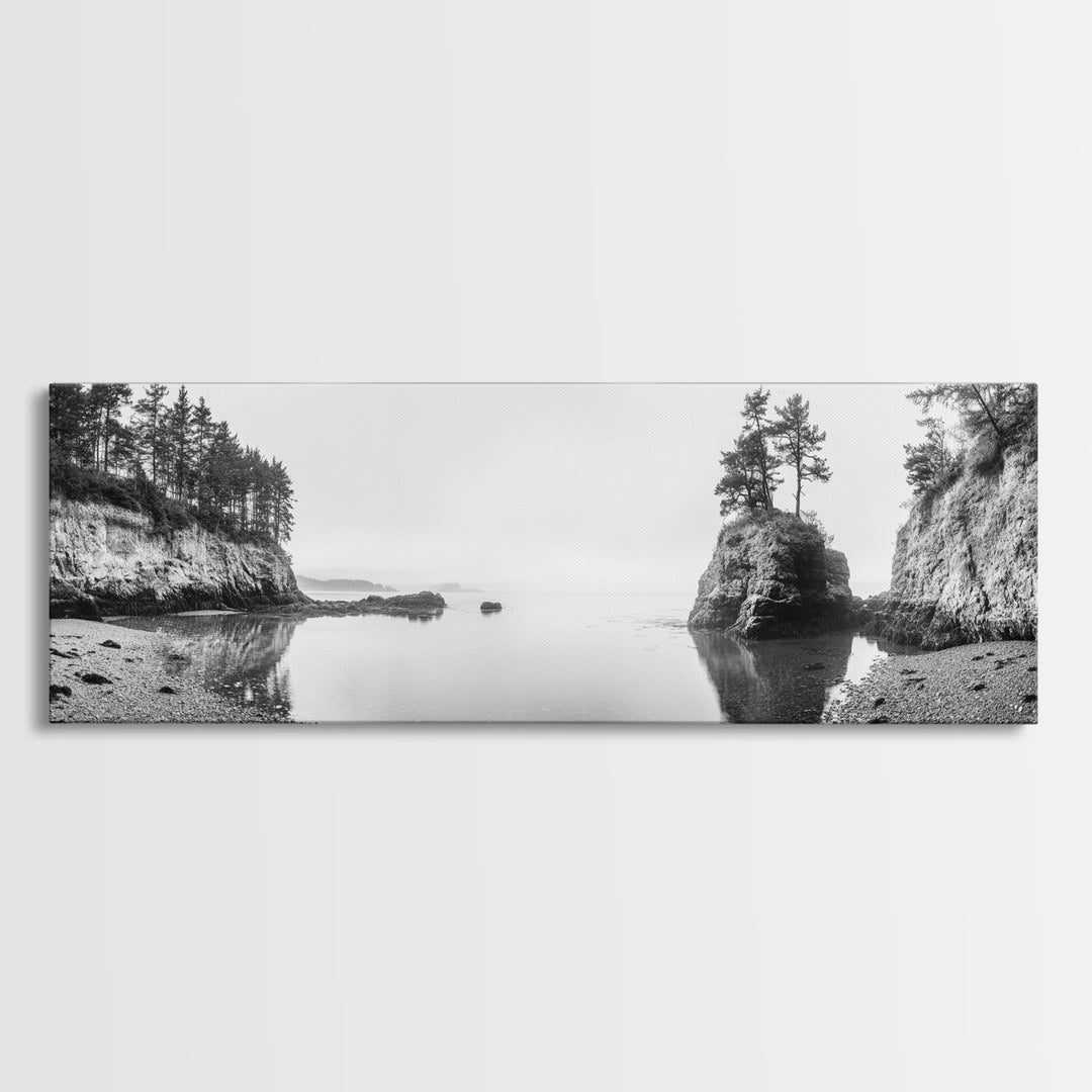Forest Cove, Serene Shoreline, Calm Reflections, Canvas Print, peaceful nature wall art, neutral tones decor, minimalist bathroom artwork