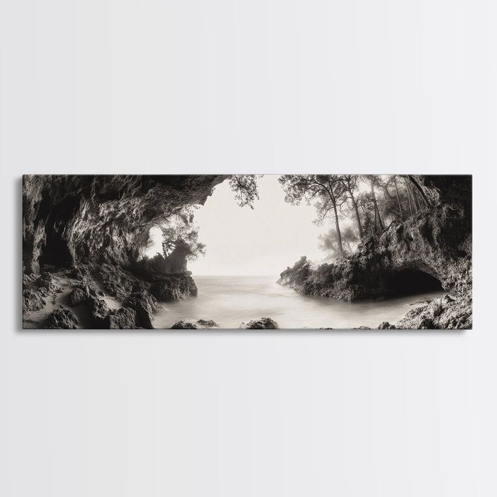 Ocean Cave, Coastal Trees, Natural Light, Canvas Print, tranquil coastal wall art, bedroom boho decor, dreamy nature scene artwork