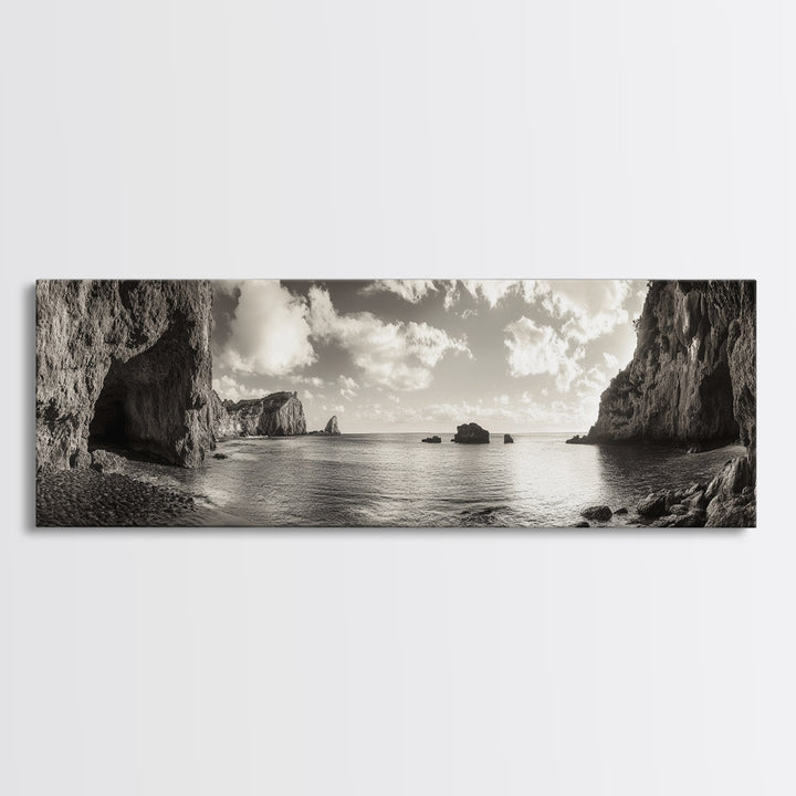 Coastal Cliffs, Ocean Horizon, Dramatic Sky, Framed Canvas Print, neutral living room decor, seascape photography, rustic modern wall art