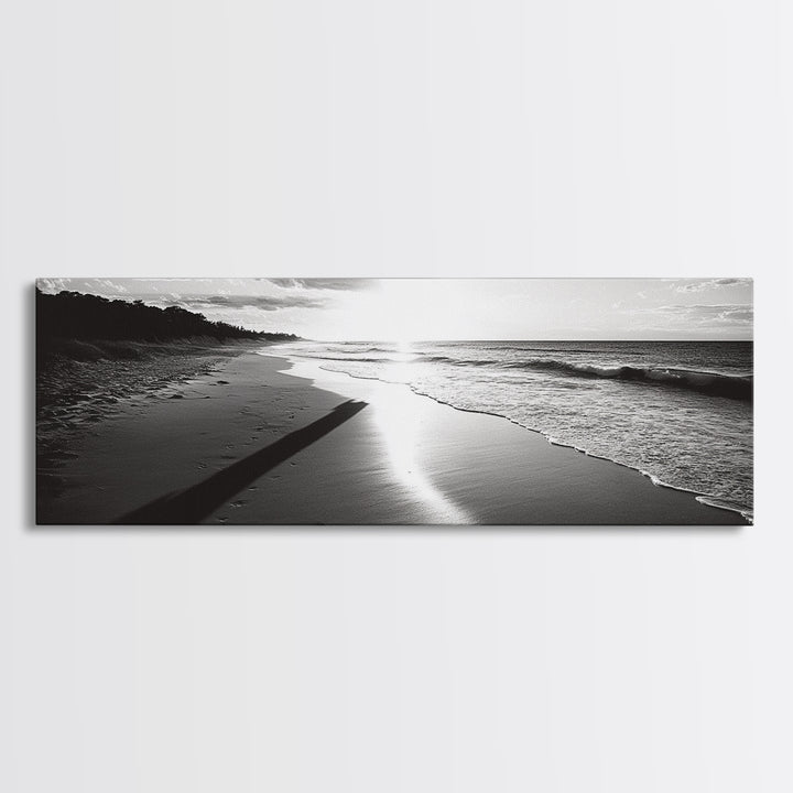 Beach Horizon, Sunset Shoreline, Ocean Reflections, Framed Canvas Print, black and white coastal art, modern bedroom wall decor