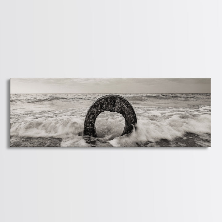 Ocean Ring, Waves Crashing, Sea Sculpture, Framed Canvas Print, unique beach photography, industrial coastal wall art, modern bathroom decor