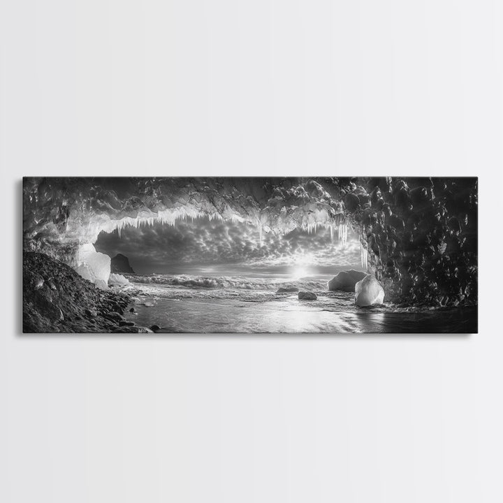 Ice Cave, Winter Seascape, Arctic Sunset, Canvas Print, dramatic frozen landscape art, black and white Christmas decor, cozy winter home art
