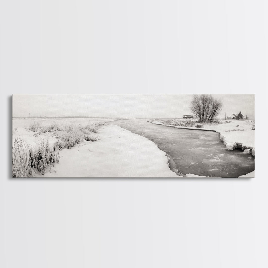 Winter River, Frosty Fields, Minimalist Landscape, Canvas Print, Modern neutral art, Rustic home decor, Entryway wall art, Scandinavian vibe