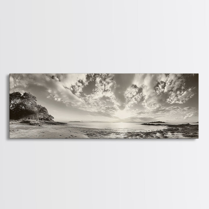 Coastal Sunrise, Expansive Sky, Cloudy Horizon, Framed Canvas Print, Earthy tone art, Beach house decor, Bedroom wall print, Serene landscape