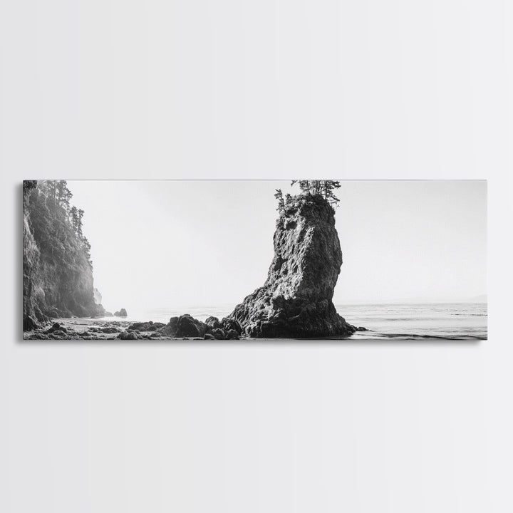 Sea Stack, Rugged Coast, Ocean Cliffside, Framed Canvas Print, Coastal landscape, Nature photography, Office wall art, Monochrome design