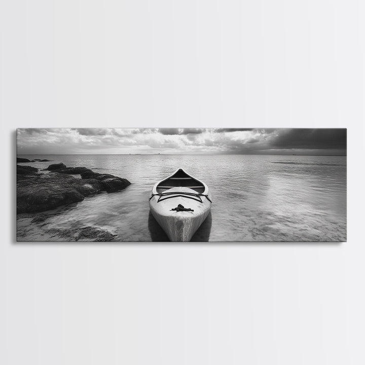Canoe at Shore, Calm Waters, Peaceful Escape, Framed Canvas Print, Adventure art, Lakehouse decor, Hallway wall piece, Monochrome nature