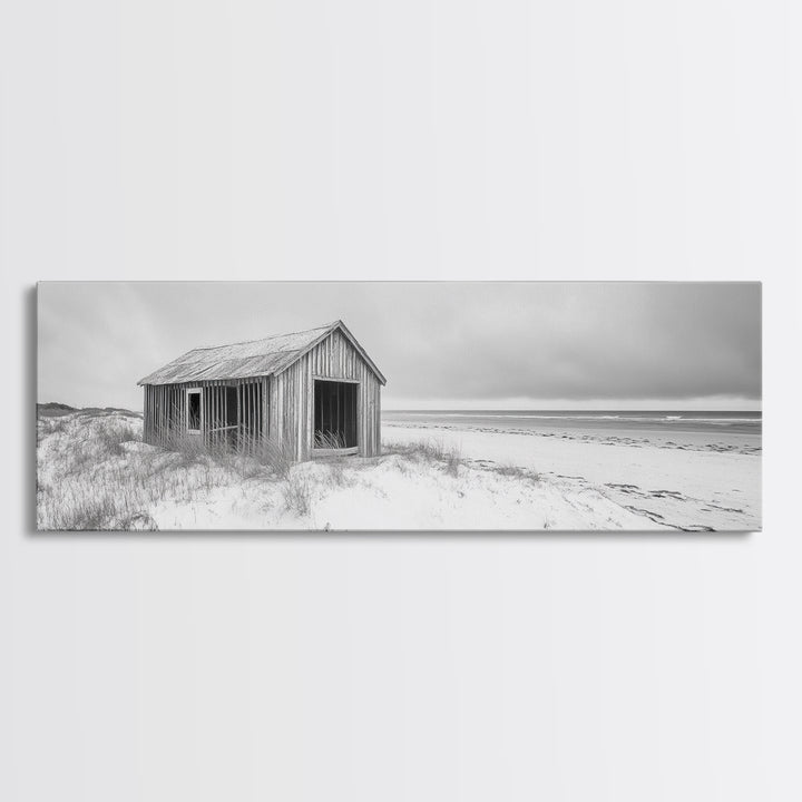 Abandoned Shack, Coastal Ruin, Weathered Barn, Ocean Horizon, Framed Canvas Print, Rustic Wall Art, Fall Decor, Minimal Seaside Aesthetic