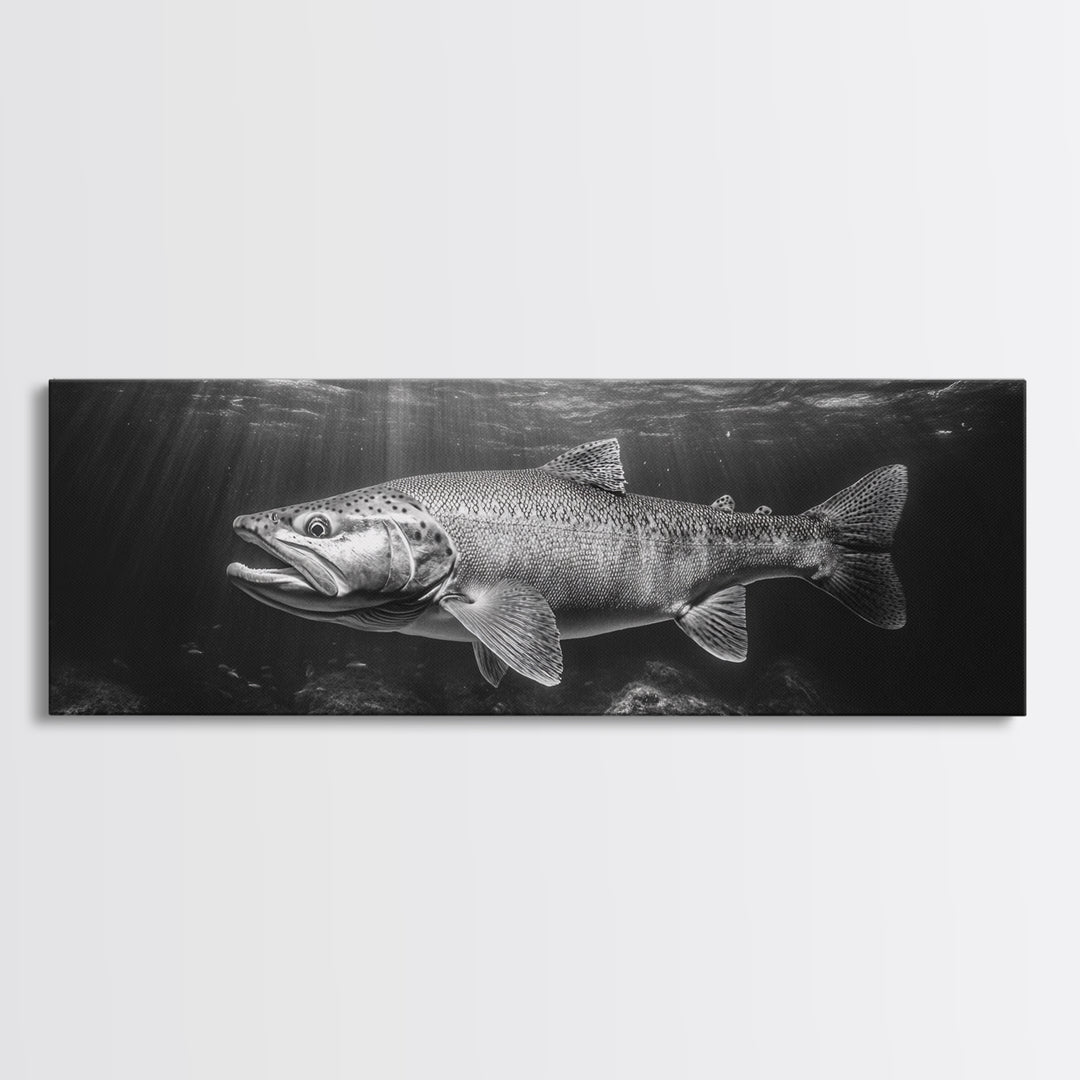 Underwater Fish, Lake Trout, Black and White Ocean, Framed Canvas Print, Coastal Bathroom Art, Fisherman Gift, Nautical Wall Decor