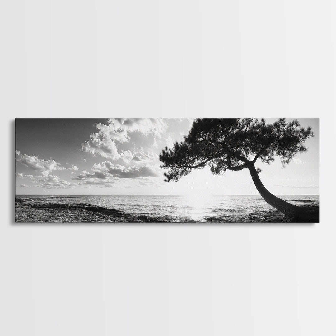 Lone Tree, Coastal Sunset, Ocean Horizon, Framed Canvas Print, Tranquil Landscape Art, Meditation Room Wall Art, Nature Zen Decor